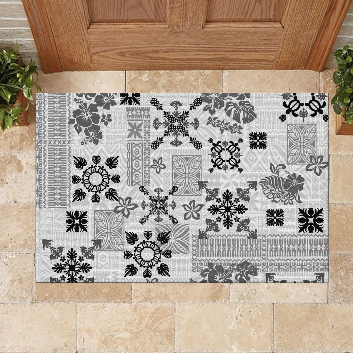 Hawaii Tapa Tribal Rubber Doormat With Hawaiian Quilt Pattern Black - Wonder Print Shop