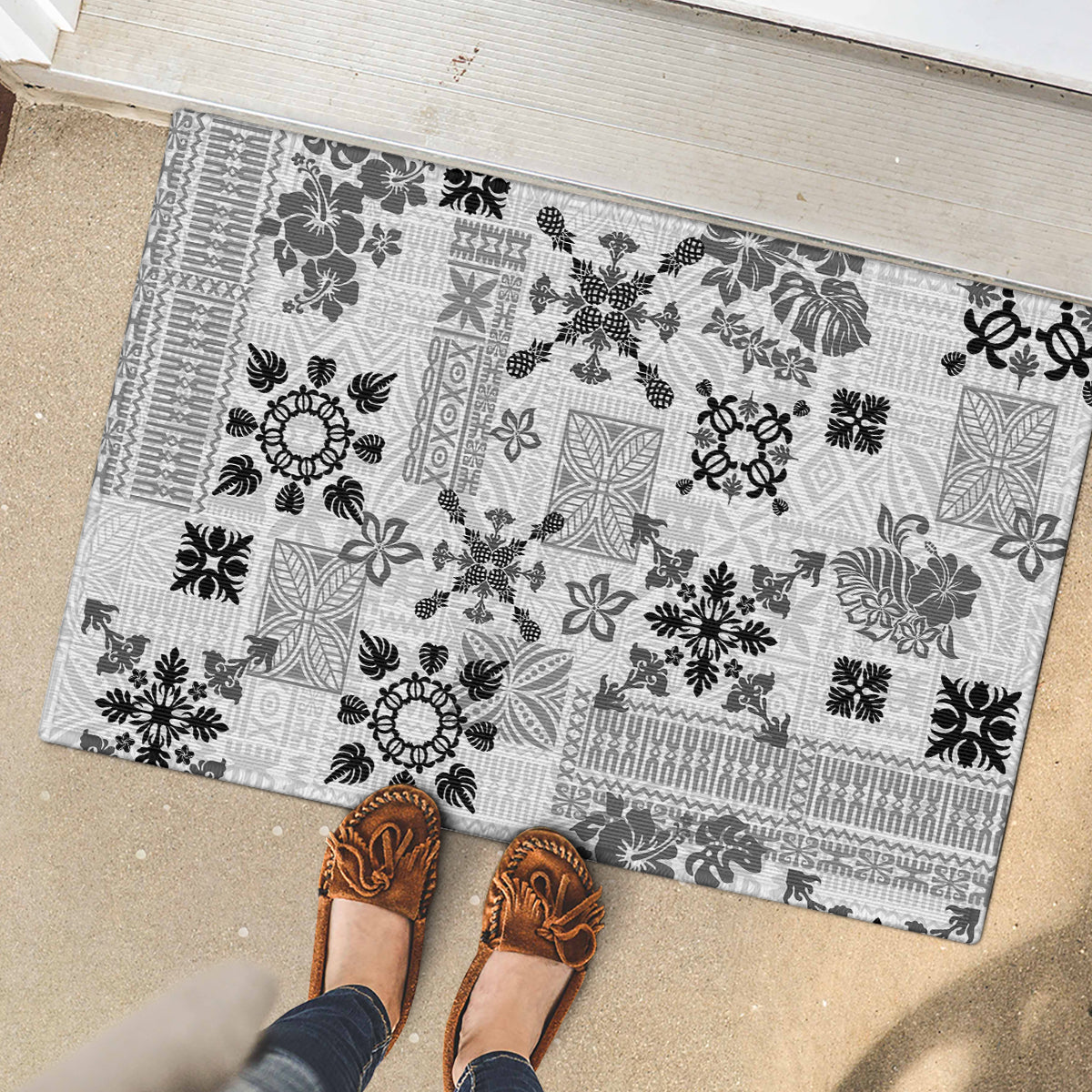 Hawaii Tapa Tribal Rubber Doormat With Hawaiian Quilt Pattern Black - Wonder Print Shop