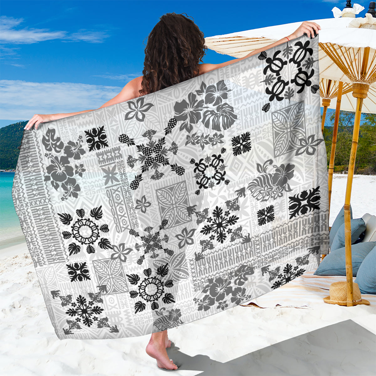 Hawaii Tapa Tribal Sarong With Hawaiian Quilt Pattern Black - Wonder Print Shop