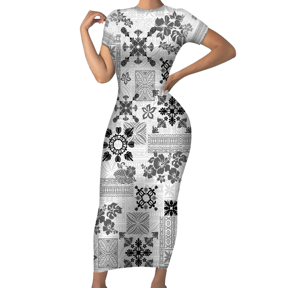 Hawaii Tapa Tribal Short Sleeve Bodycon Dress With Hawaiian Quilt Pattern Black - Wonder Print Shop