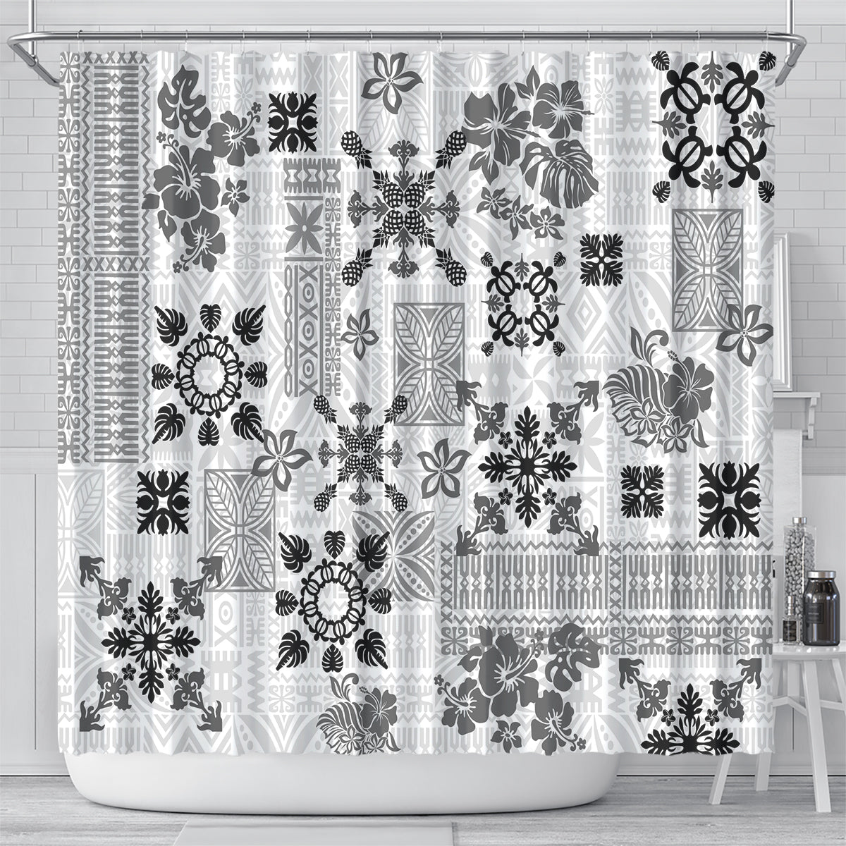 Hawaii Tapa Tribal Shower Curtain With Hawaiian Quilt Pattern Black LT9
