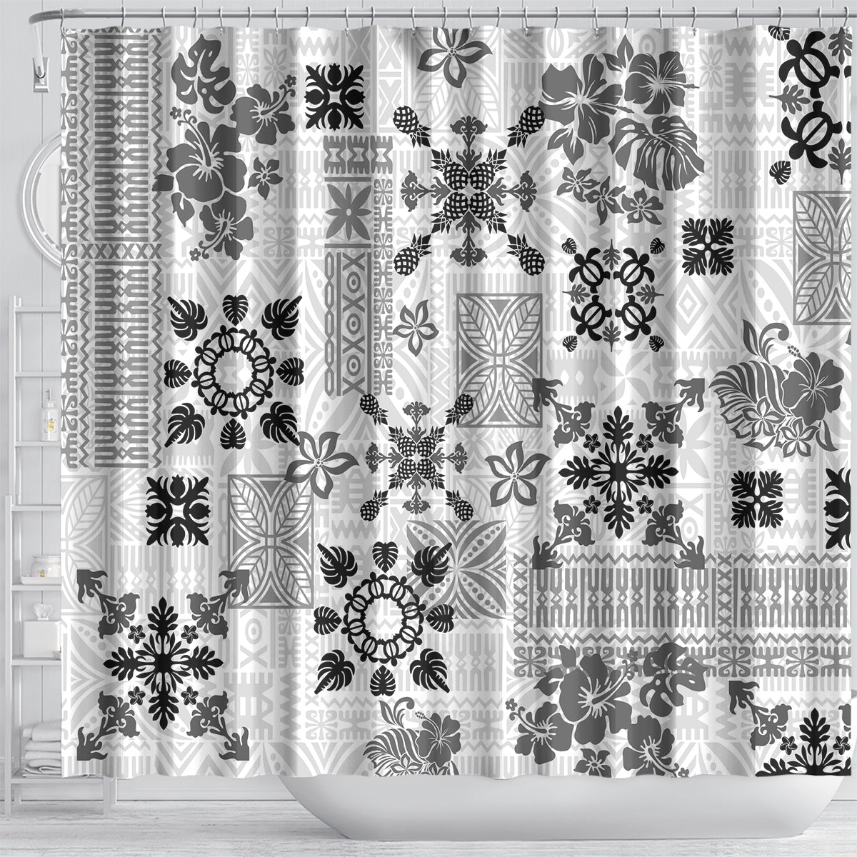 Hawaii Tapa Tribal Shower Curtain With Hawaiian Quilt Pattern Black LT9