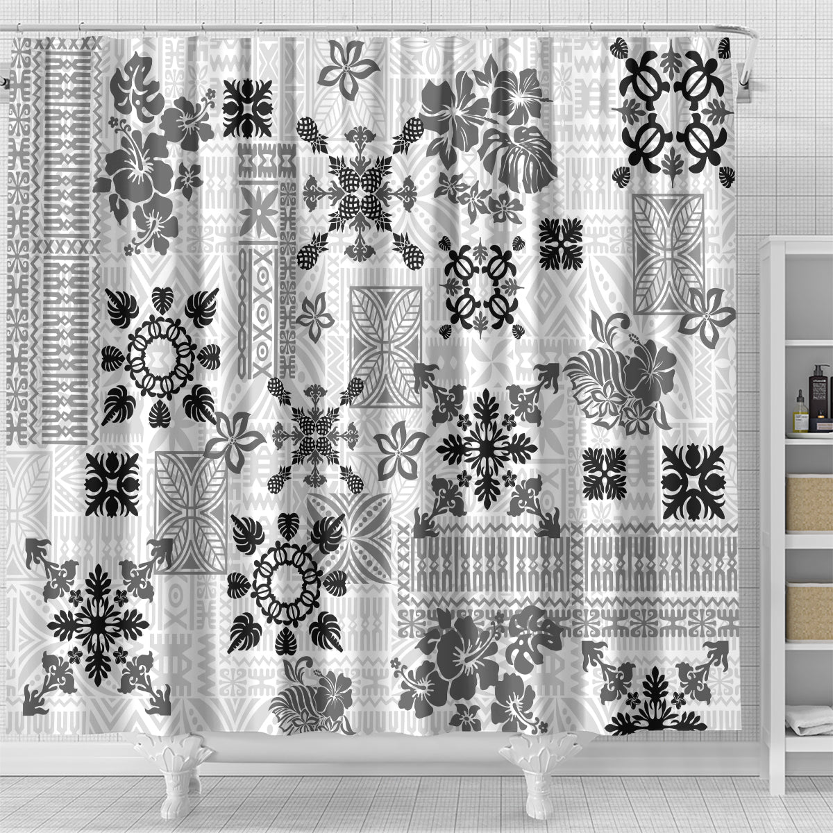 Hawaii Tapa Tribal Shower Curtain With Hawaiian Quilt Pattern Black LT9