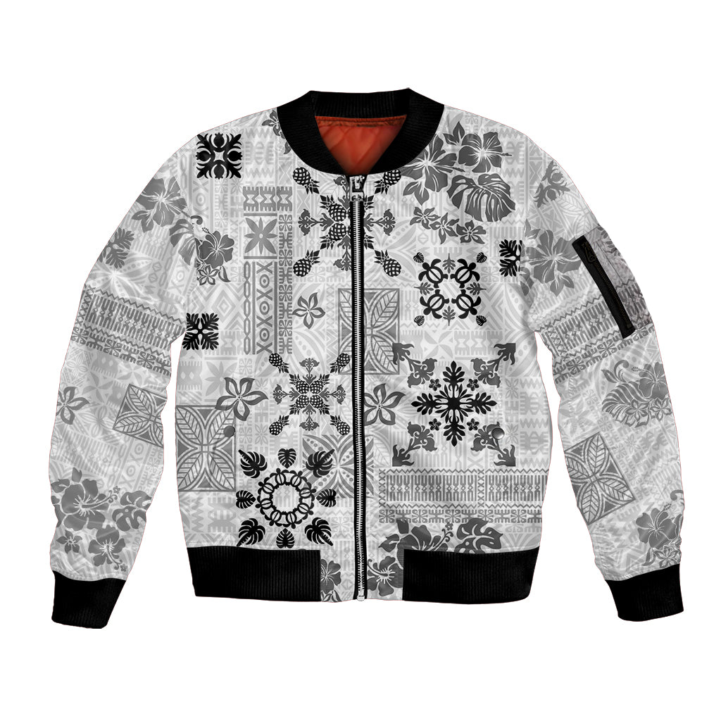 Hawaii Tapa Tribal Sleeve Zip Bomber Jacket With Hawaiian Quilt Pattern Black - Wonder Print Shop