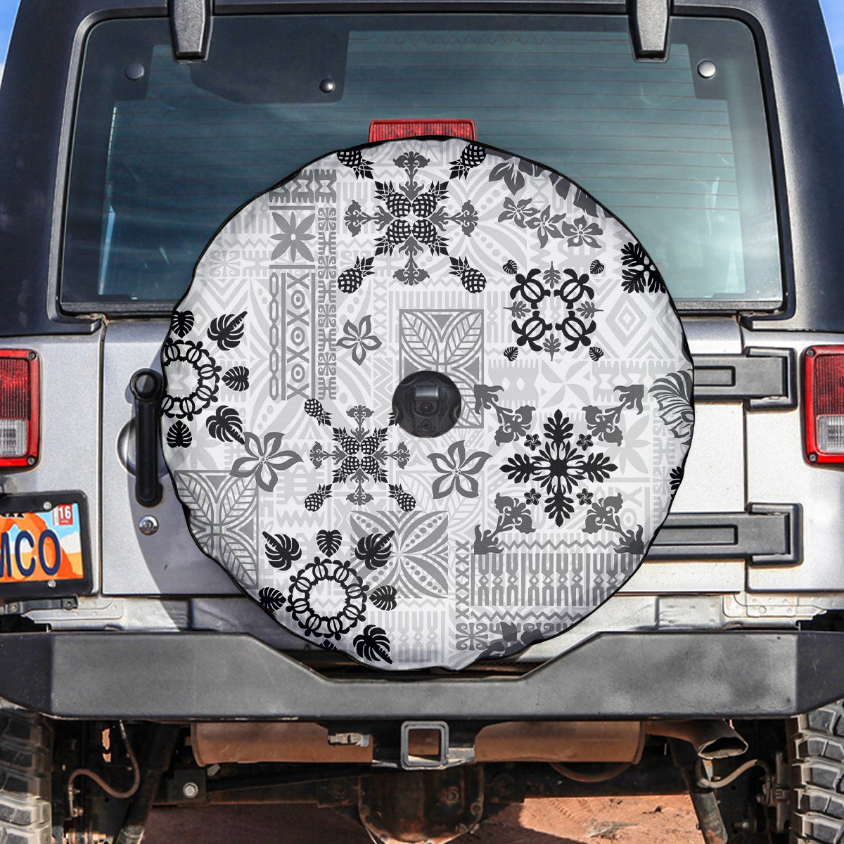 Hawaii Tapa Tribal Spare Tire Cover With Hawaiian Quilt Pattern Black - Wonder Print Shop