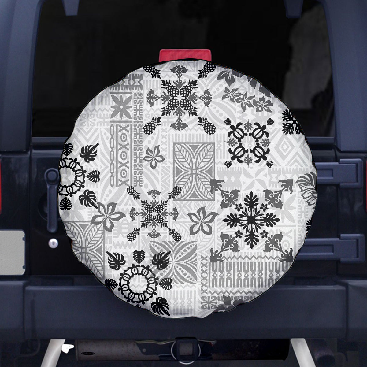 Hawaii Tapa Tribal Spare Tire Cover With Hawaiian Quilt Pattern Black - Wonder Print Shop
