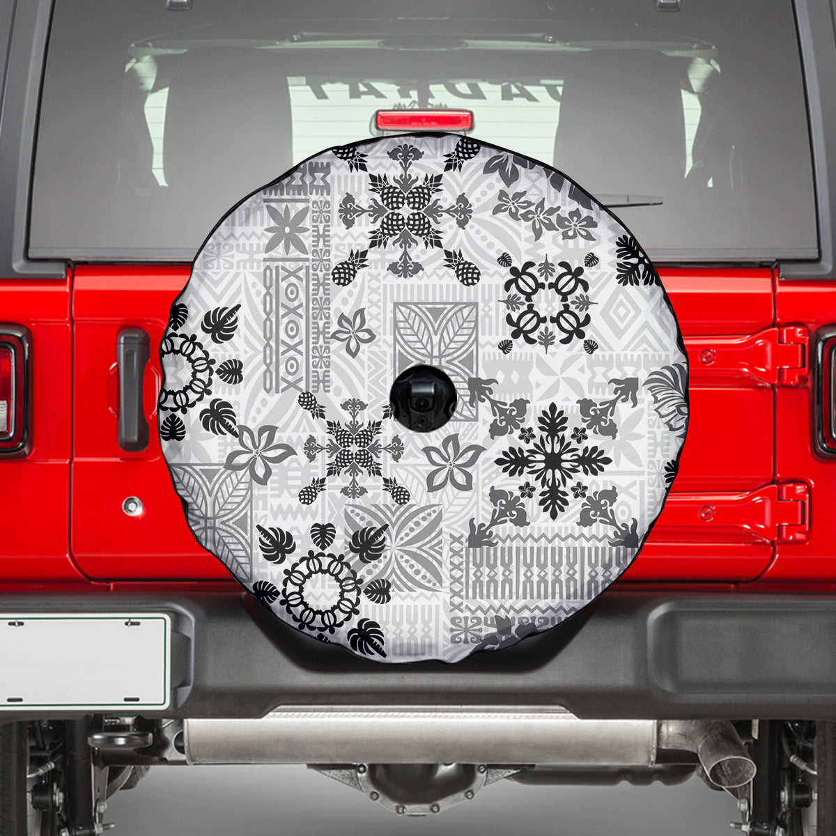 Hawaii Tapa Tribal Spare Tire Cover With Hawaiian Quilt Pattern Black - Wonder Print Shop