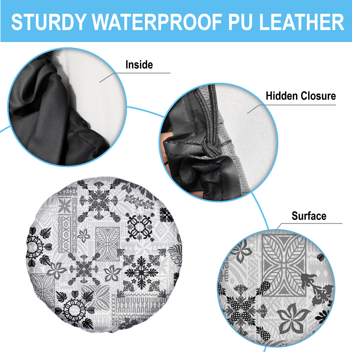 Hawaii Tapa Tribal Spare Tire Cover With Hawaiian Quilt Pattern Black - Wonder Print Shop