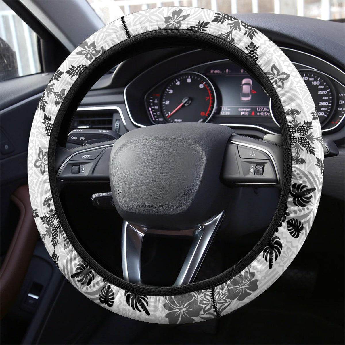 Hawaii Tapa Tribal Steering Wheel Cover With Hawaiian Quilt Pattern Black - Wonder Print Shop