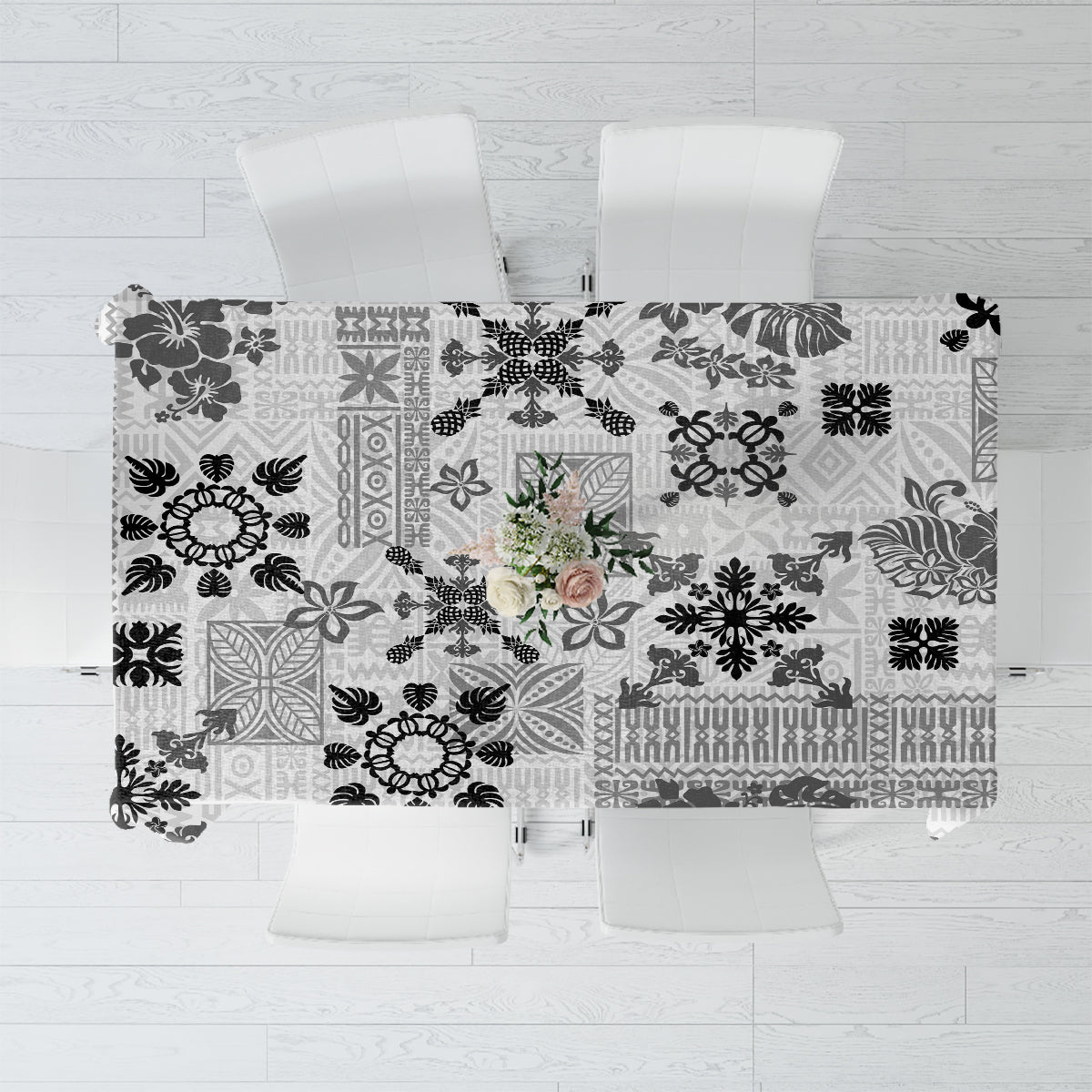 Hawaii Tapa Tribal Tablecloth With Hawaiian Quilt Pattern Black - Wonder Print Shop