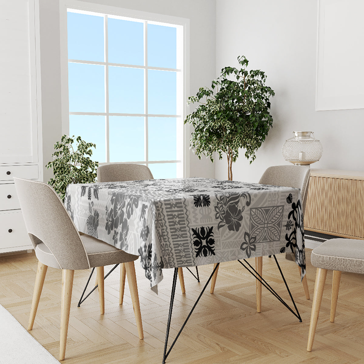 Hawaii Tapa Tribal Tablecloth With Hawaiian Quilt Pattern Black - Wonder Print Shop