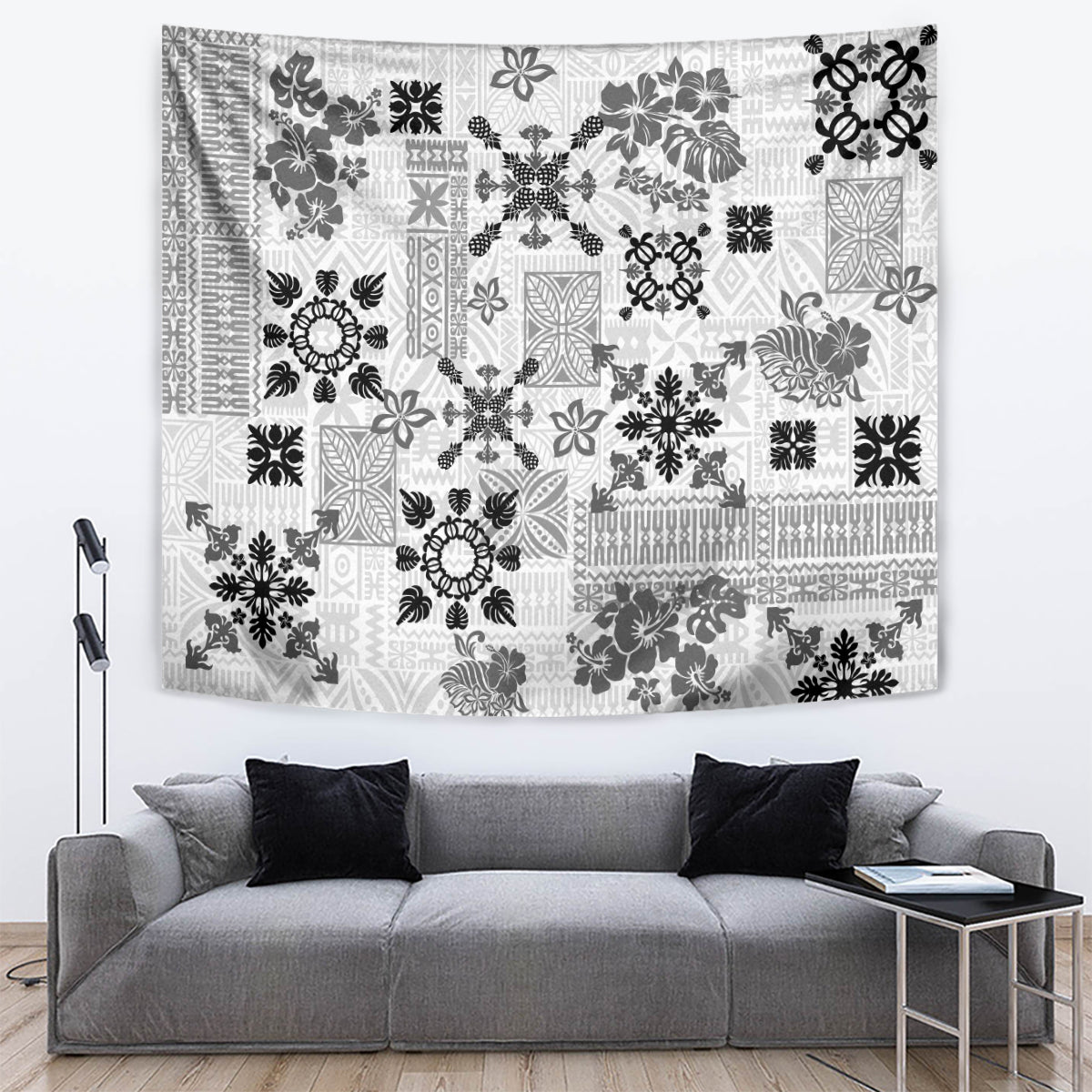 Hawaii Tapa Tribal Tapestry With Hawaiian Quilt Pattern Black - Wonder Print Shop