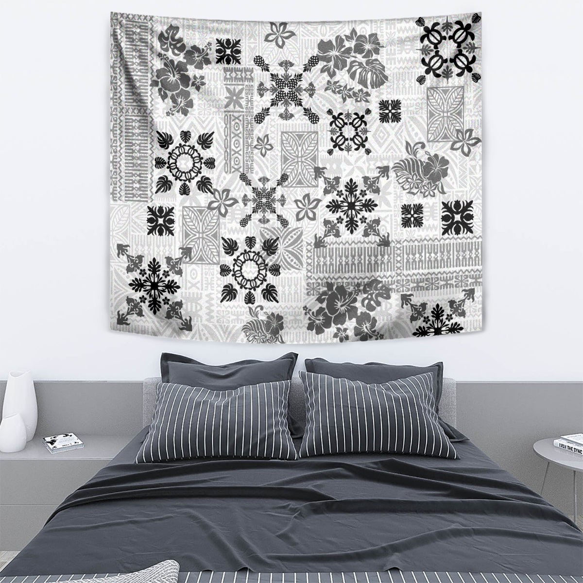 Hawaii Tapa Tribal Tapestry With Hawaiian Quilt Pattern Black - Wonder Print Shop