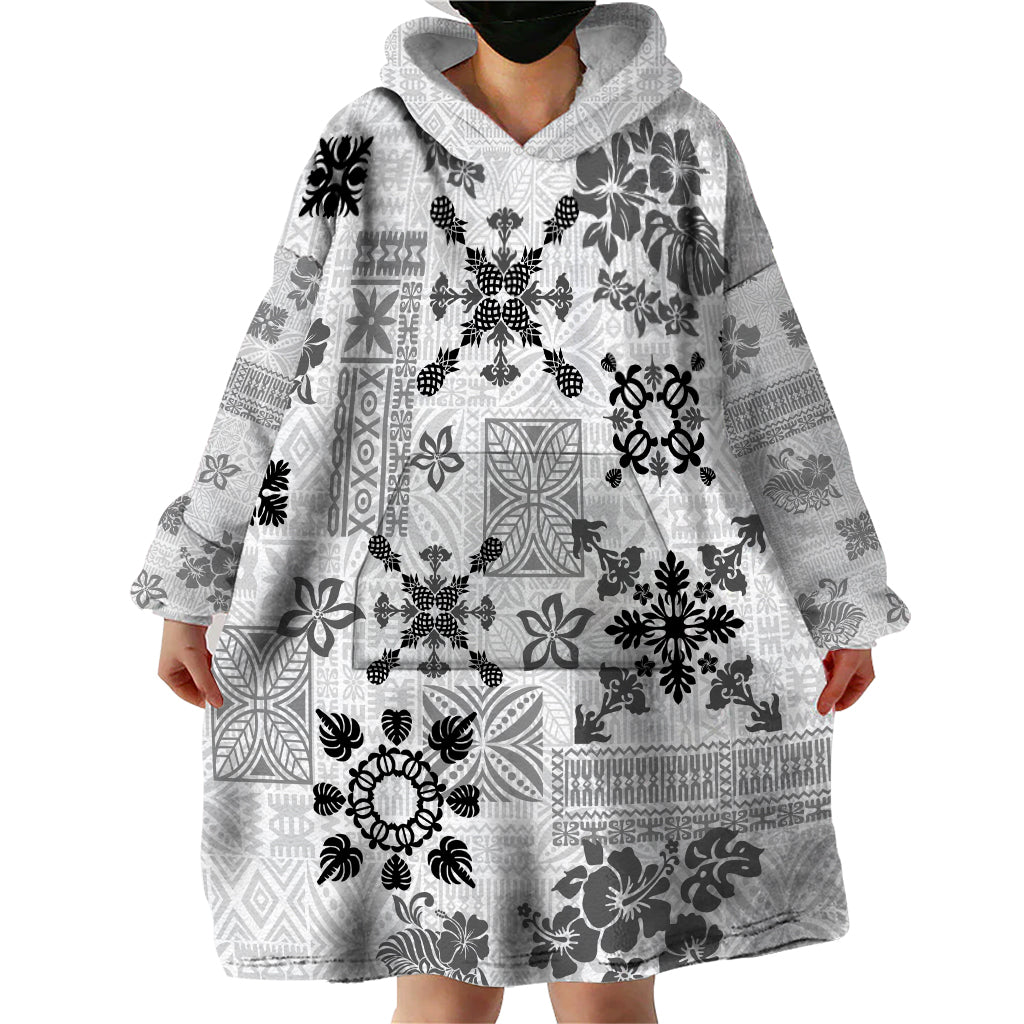 Hawaii Tapa Tribal Wearable Blanket Hoodie With Hawaiian Quilt Pattern Black - Wonder Print Shop