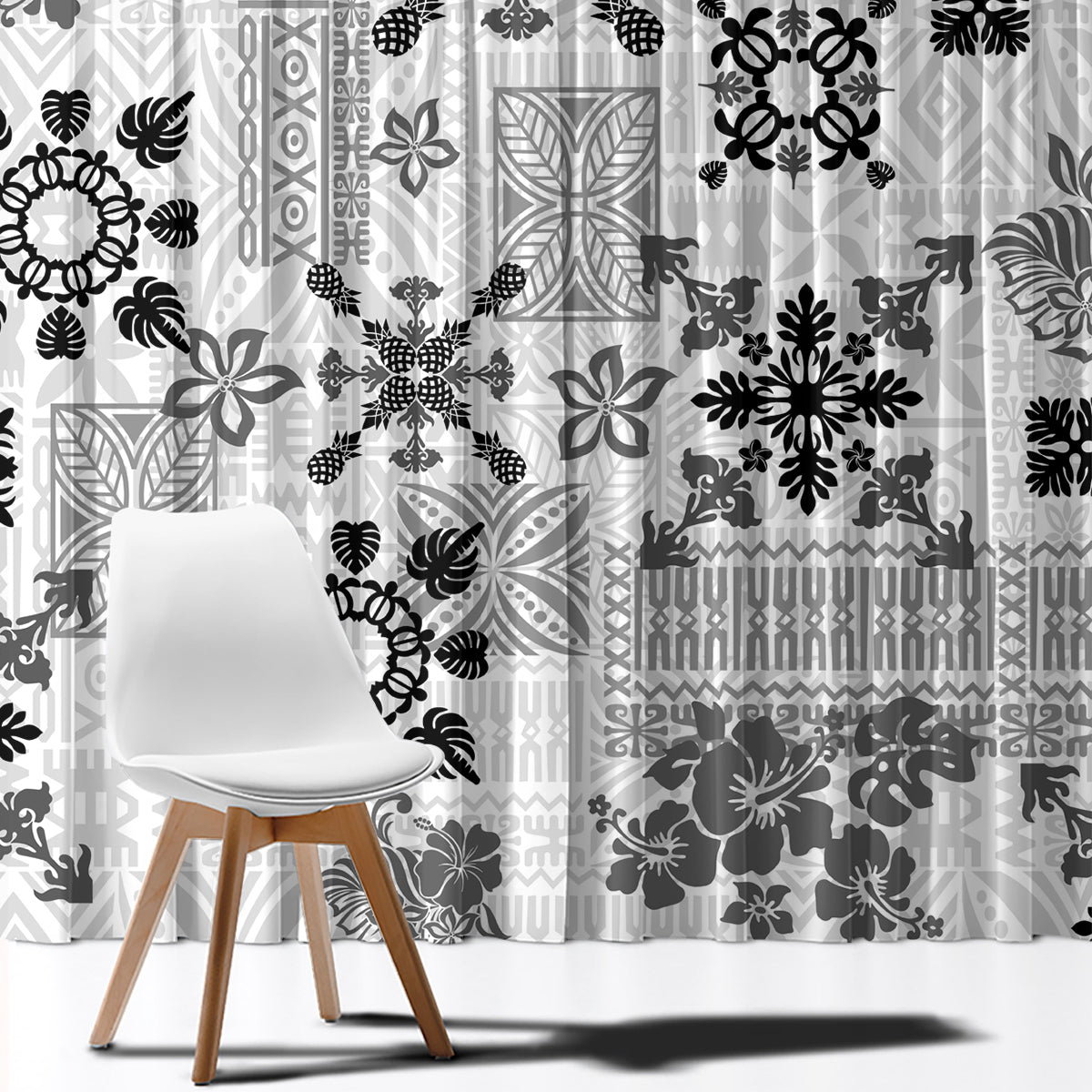 Hawaii Tapa Tribal Window Curtain With Hawaiian Quilt Pattern Black - Wonder Print Shop