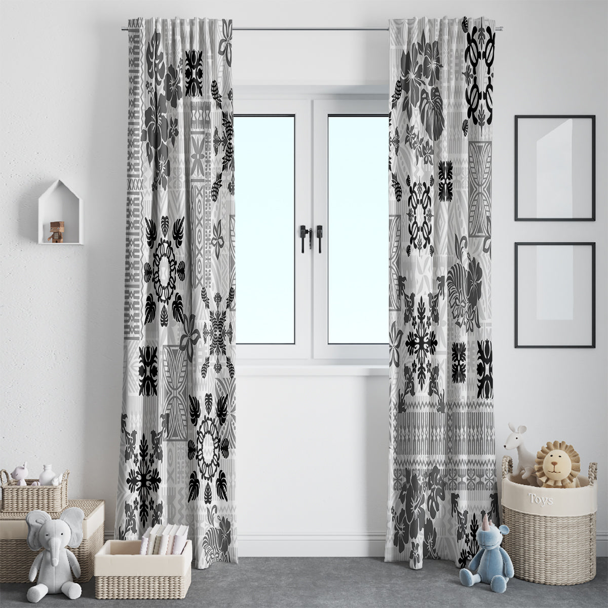 Hawaii Tapa Tribal Window Curtain With Hawaiian Quilt Pattern Black - Wonder Print Shop