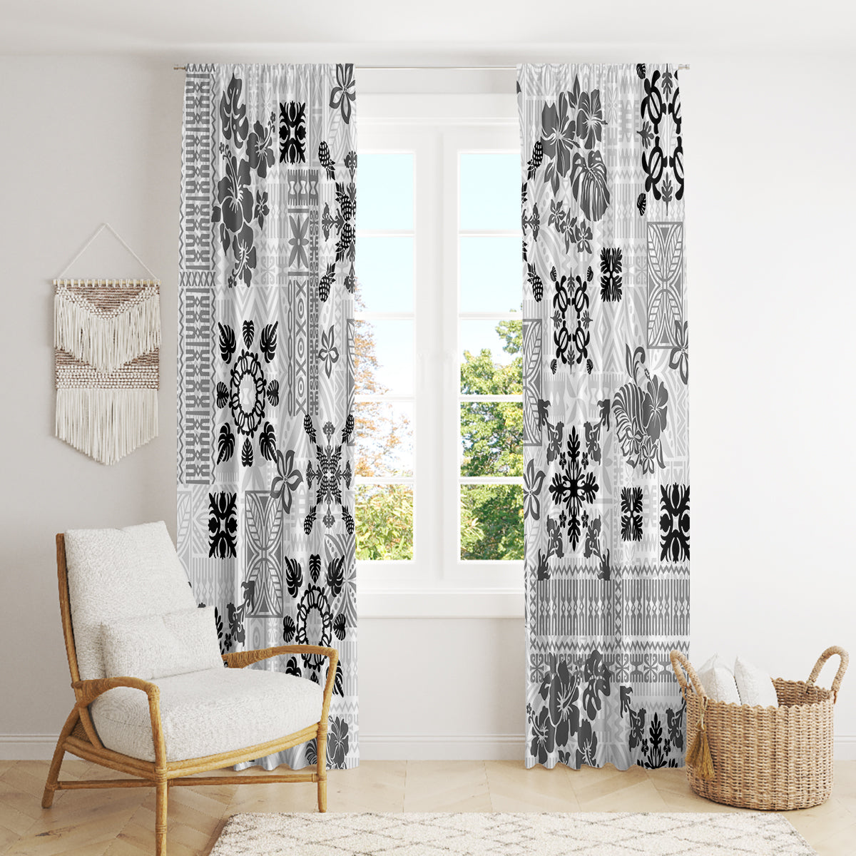 Hawaii Tapa Tribal Window Curtain With Hawaiian Quilt Pattern Black - Wonder Print Shop
