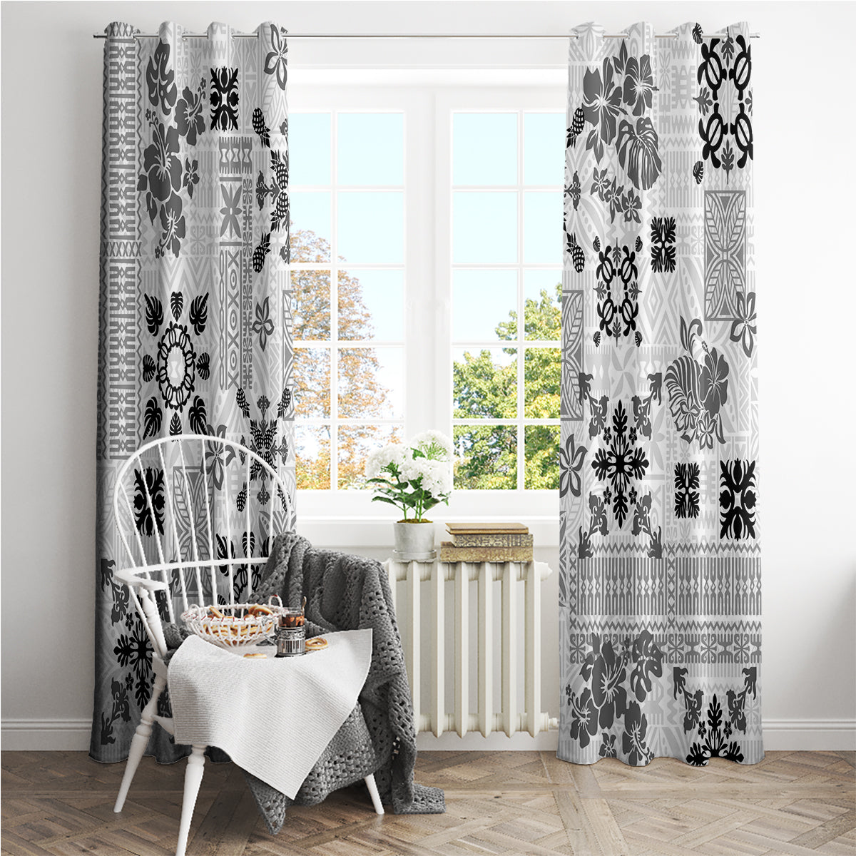 Hawaii Tapa Tribal Window Curtain With Hawaiian Quilt Pattern Black - Wonder Print Shop