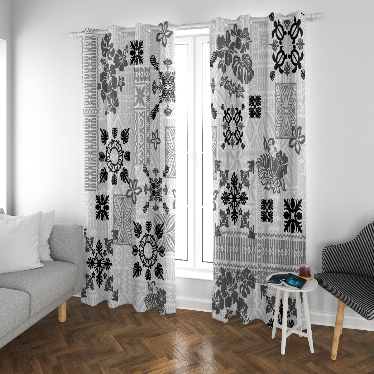 Hawaii Tapa Tribal Window Curtain With Hawaiian Quilt Pattern Black - Wonder Print Shop