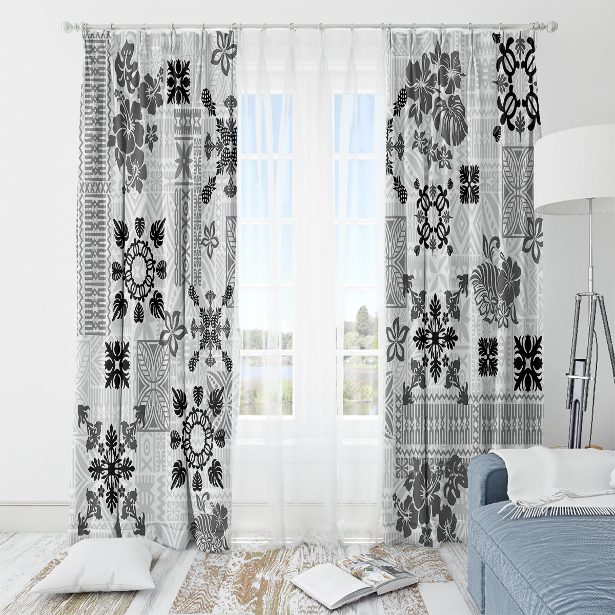 Hawaii Tapa Tribal Window Curtain With Hawaiian Quilt Pattern Black - Wonder Print Shop