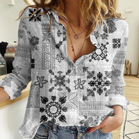 Hawaii Tapa Tribal Women Casual Shirt With Hawaiian Quilt Pattern Black - Wonder Print Shop