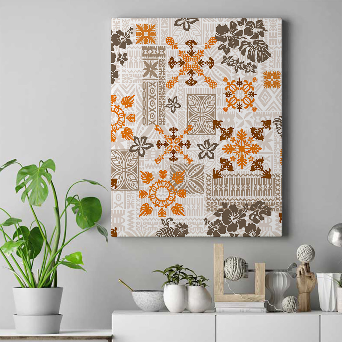 Hawaii Tapa Tribal Canvas Wall Art With Hawaiian Quilt Pattern Gold LT9 - Wonder Print Shop