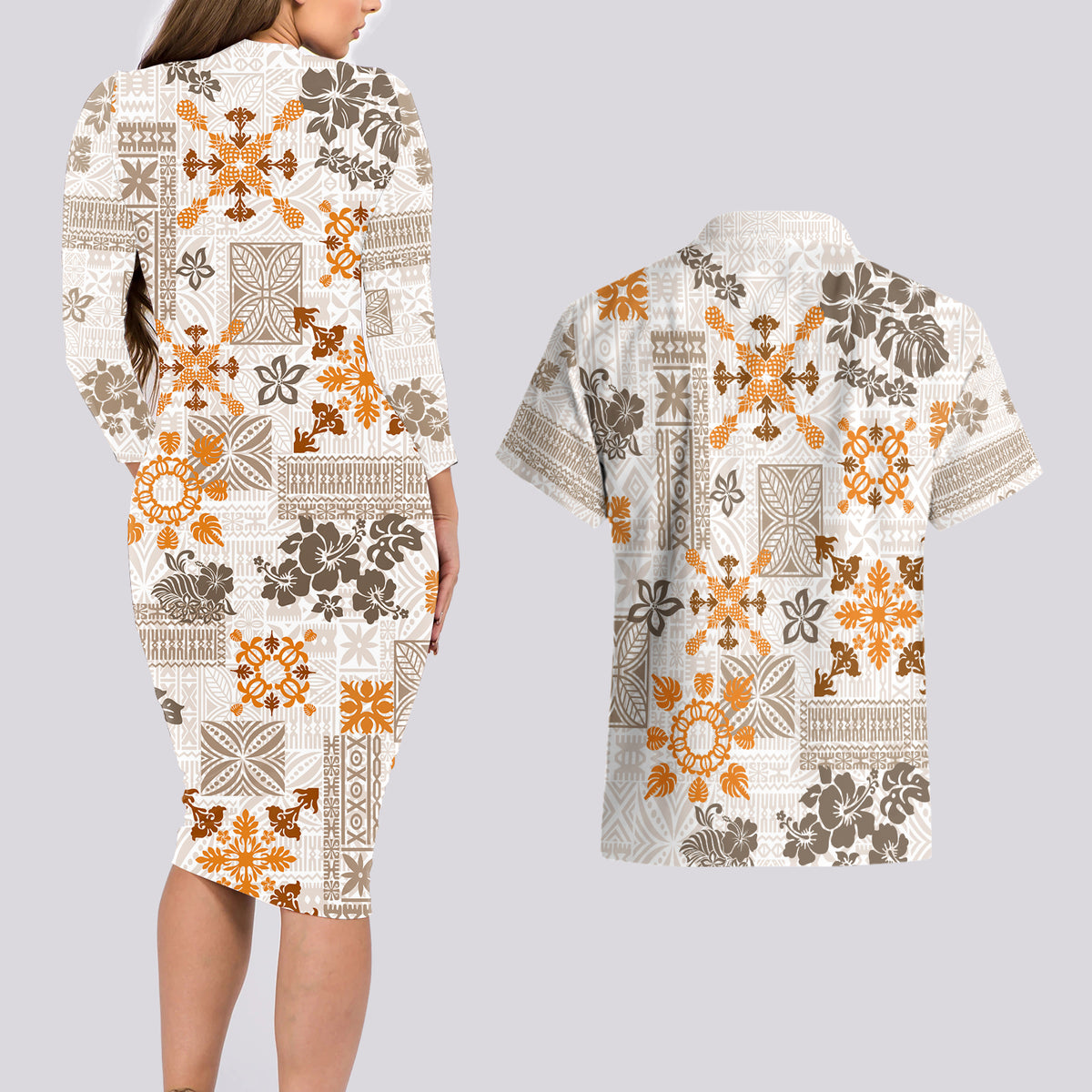 Hawaii Tapa Tribal Couples Matching Long Sleeve Bodycon Dress and Hawaiian Shirt With Hawaiian Quilt Pattern Gold LT9 - Wonder Print Shop