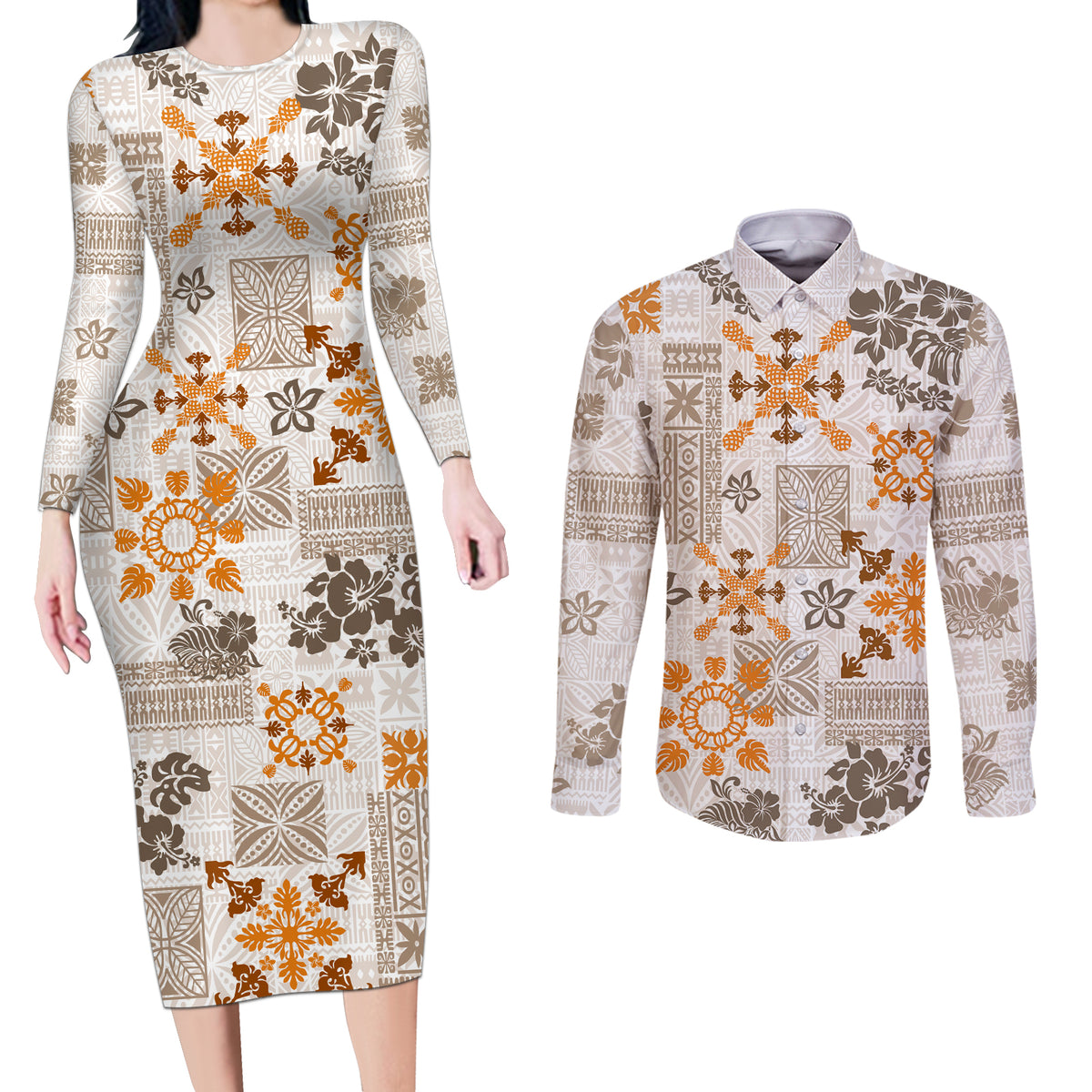Hawaii Tapa Tribal Couples Matching Long Sleeve Bodycon Dress and Long Sleeve Button Shirt With Hawaiian Quilt Pattern Gold LT9 - Wonder Print Shop
