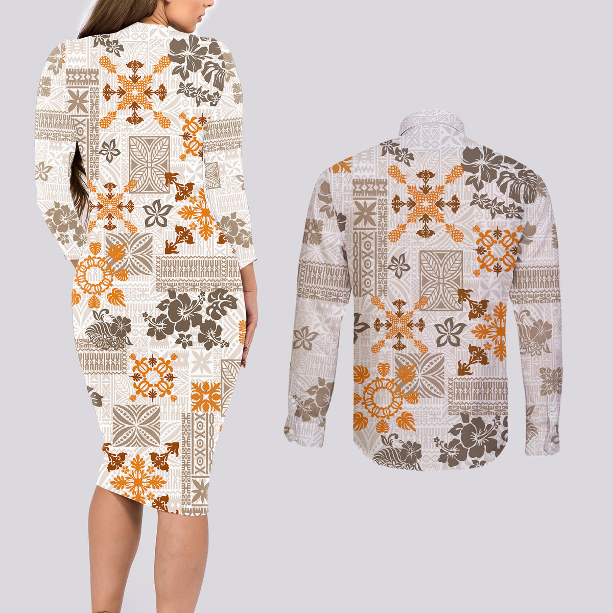 Hawaii Tapa Tribal Couples Matching Long Sleeve Bodycon Dress and Long Sleeve Button Shirt With Hawaiian Quilt Pattern Gold LT9 - Wonder Print Shop