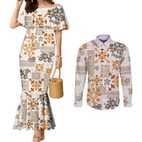hawaii-tapa-tribal-couples-matching-mermaid-dress-and-long-sleeve-button-shirt-with-hawaiian-quilt-pattern-gold