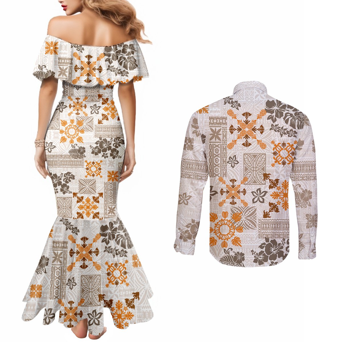 hawaii-tapa-tribal-couples-matching-mermaid-dress-and-long-sleeve-button-shirt-with-hawaiian-quilt-pattern-gold