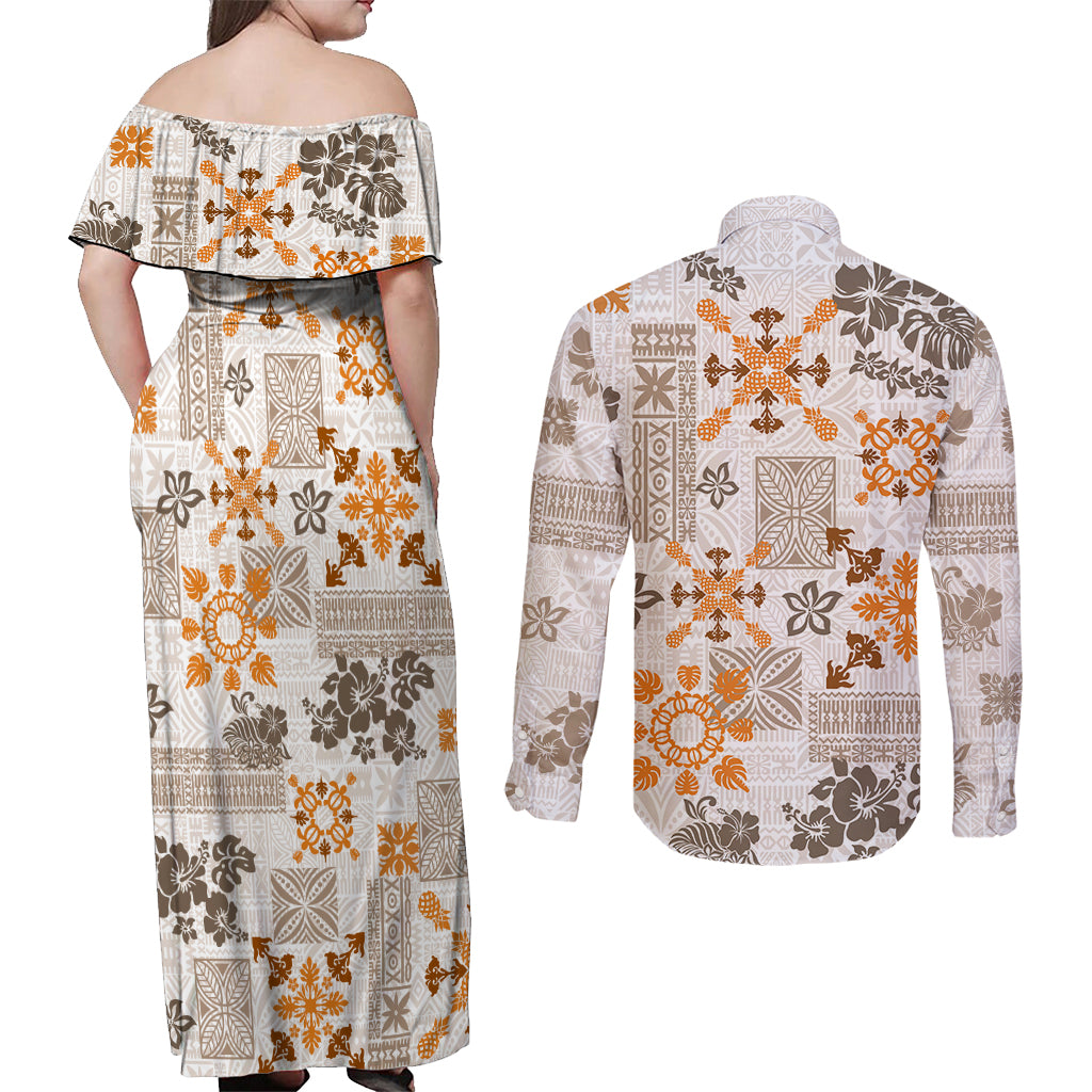 Hawaii Tapa Tribal Couples Matching Off Shoulder Maxi Dress and Long Sleeve Button Shirt With Hawaiian Quilt Pattern Gold LT9 - Wonder Print Shop