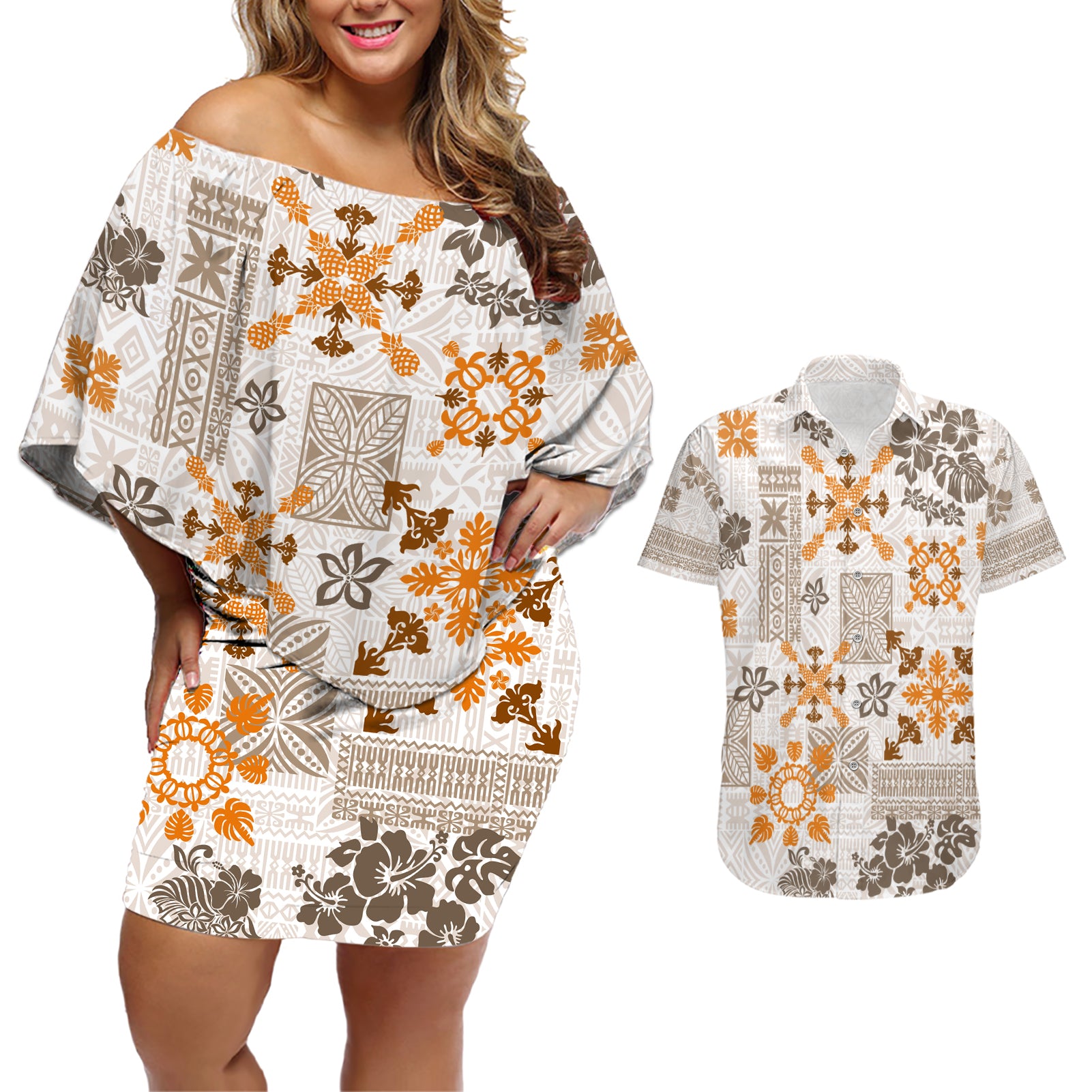 Hawaii Tapa Tribal Couples Matching Off Shoulder Short Dress and Hawaiian Shirt With Hawaiian Quilt Pattern Gold LT9 - Wonder Print Shop