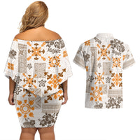 Hawaii Tapa Tribal Couples Matching Off Shoulder Short Dress and Hawaiian Shirt With Hawaiian Quilt Pattern Gold LT9 - Wonder Print Shop
