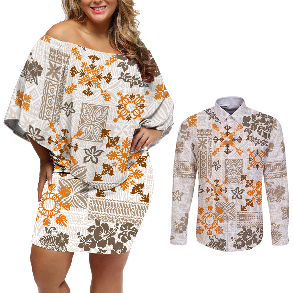 Hawaii Tapa Tribal Couples Matching Off Shoulder Short Dress and Long Sleeve Button Shirt With Hawaiian Quilt Pattern Gold LT9 - Wonder Print Shop