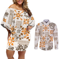 Hawaii Tapa Tribal Couples Matching Off Shoulder Short Dress and Long Sleeve Button Shirt With Hawaiian Quilt Pattern Gold LT9 - Wonder Print Shop