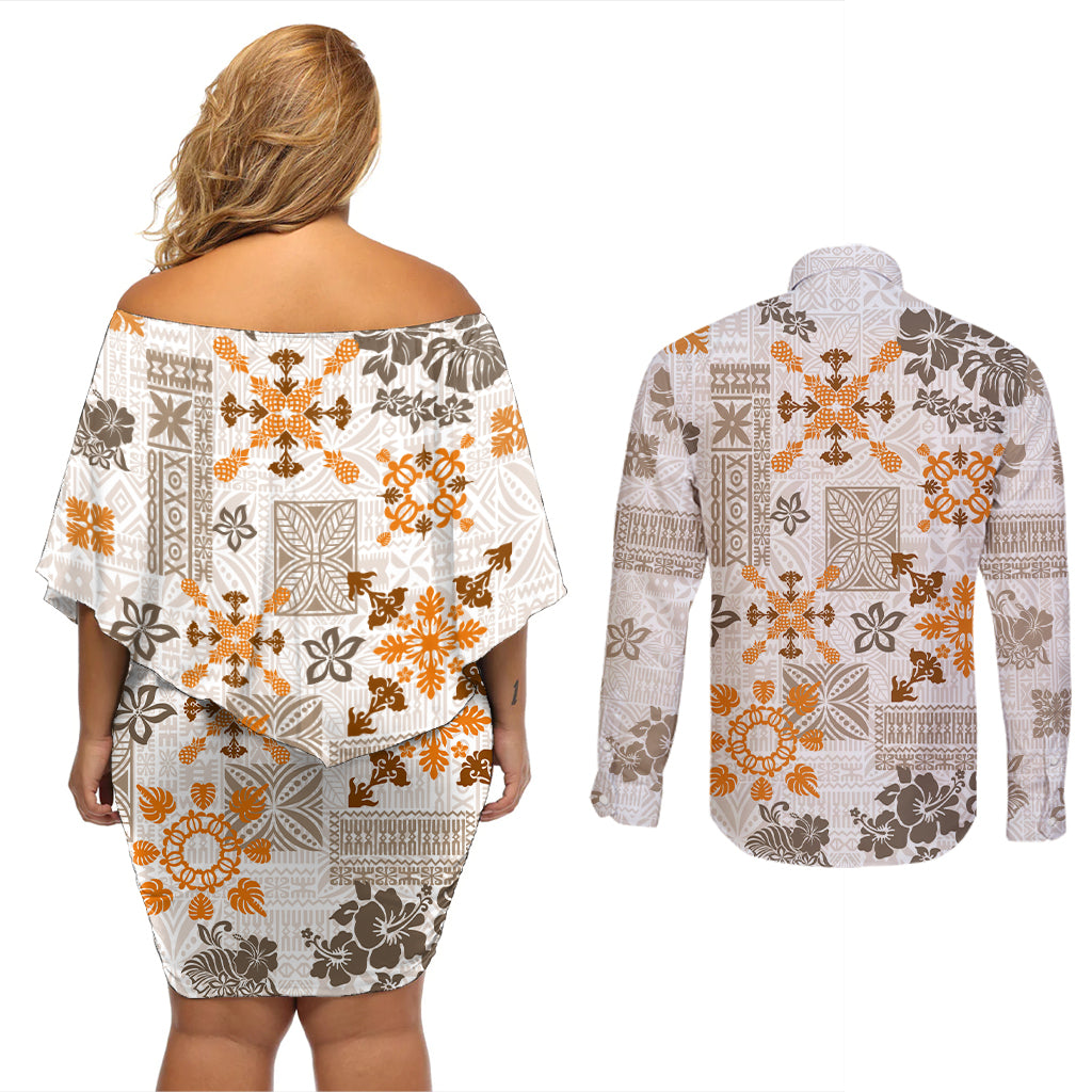 Hawaii Tapa Tribal Couples Matching Off Shoulder Short Dress and Long Sleeve Button Shirt With Hawaiian Quilt Pattern Gold LT9 - Wonder Print Shop