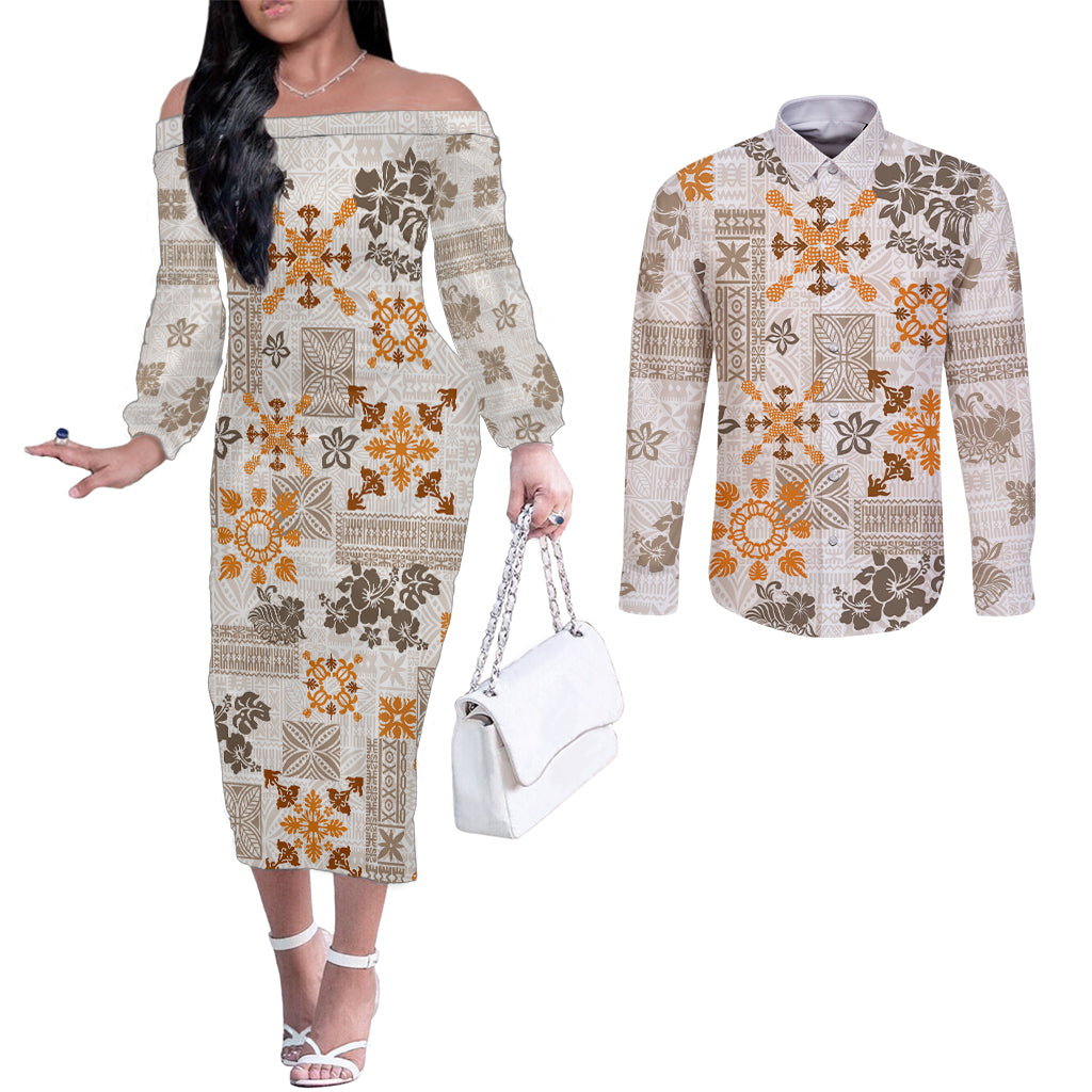hawaii-tapa-tribal-couples-matching-off-the-shoulder-long-sleeve-dress-and-long-sleeve-button-shirt-with-hawaiian-quilt-pattern-gold