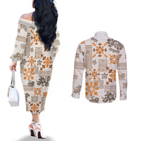 hawaii-tapa-tribal-couples-matching-off-the-shoulder-long-sleeve-dress-and-long-sleeve-button-shirt-with-hawaiian-quilt-pattern-gold