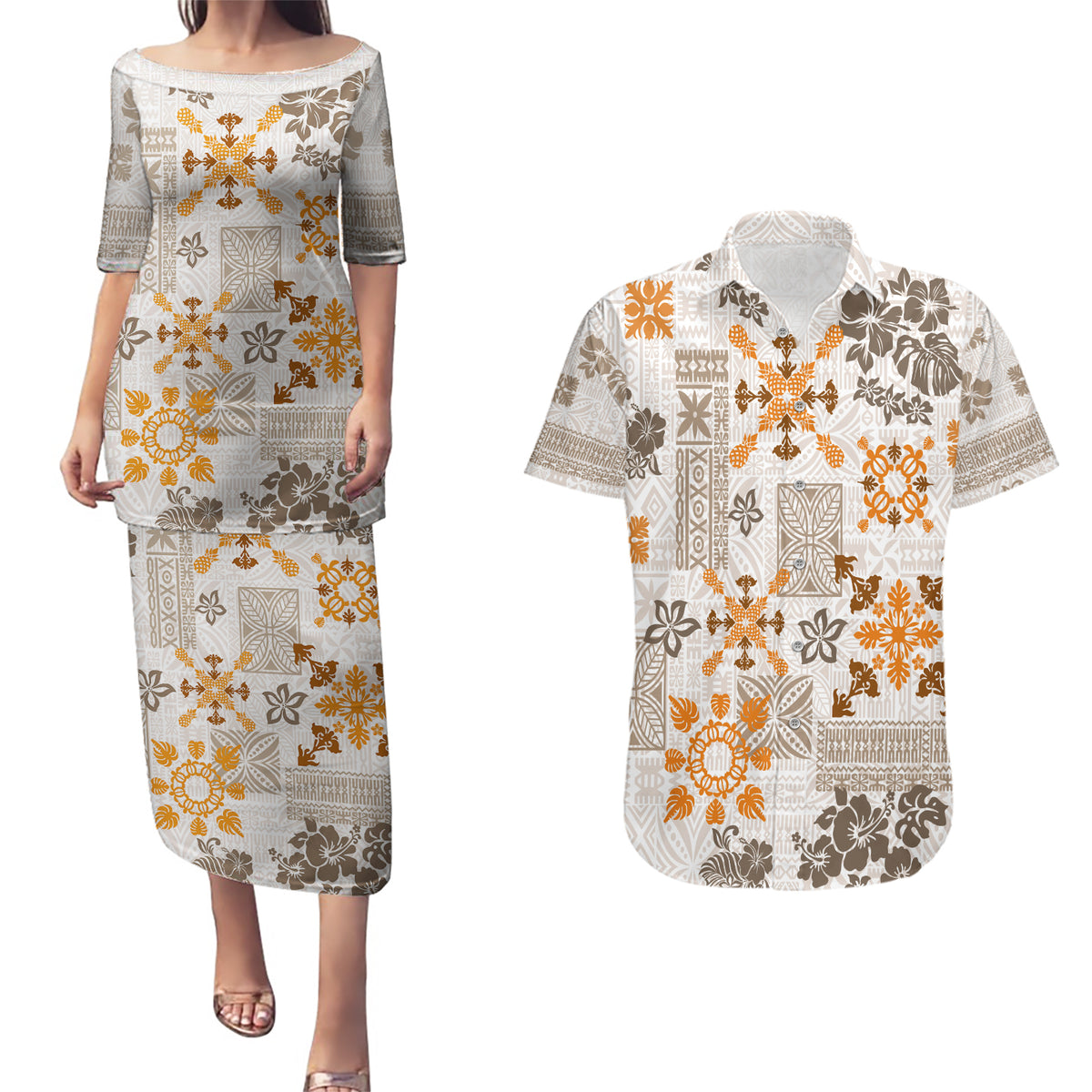 Hawaii Tapa Tribal Couples Matching Puletasi Dress and Hawaiian Shirt With Hawaiian Quilt Pattern Gold LT9 - Wonder Print Shop