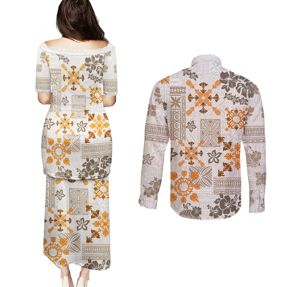 Hawaii Tapa Tribal Couples Matching Puletasi Dress and Long Sleeve Button Shirt With Hawaiian Quilt Pattern Gold LT9 - Wonder Print Shop