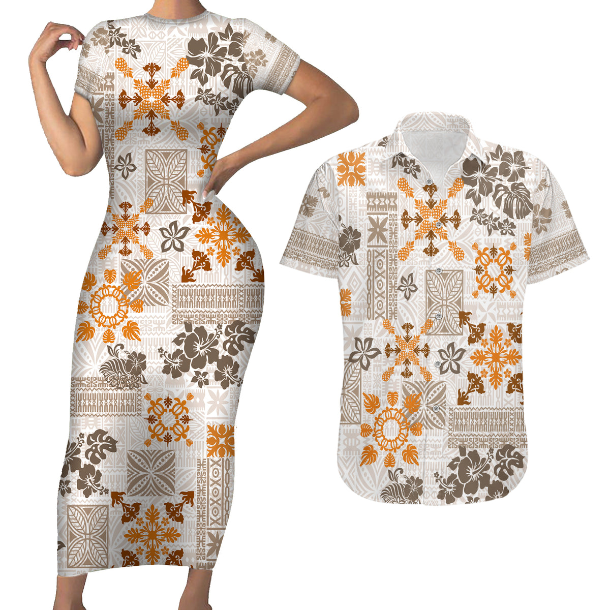 Hawaii Tapa Tribal Couples Matching Short Sleeve Bodycon Dress and Hawaiian Shirt With Hawaiian Quilt Pattern Gold LT9 - Wonder Print Shop