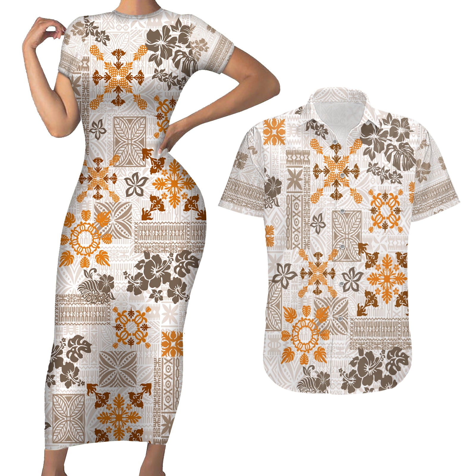 Hawaii Tapa Tribal Couples Matching Short Sleeve Bodycon Dress and Hawaiian Shirt With Hawaiian Quilt Pattern Gold LT9 - Wonder Print Shop