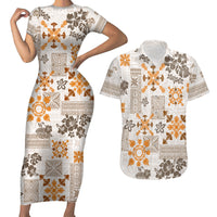 Hawaii Tapa Tribal Couples Matching Short Sleeve Bodycon Dress and Hawaiian Shirt With Hawaiian Quilt Pattern Gold LT9 - Wonder Print Shop