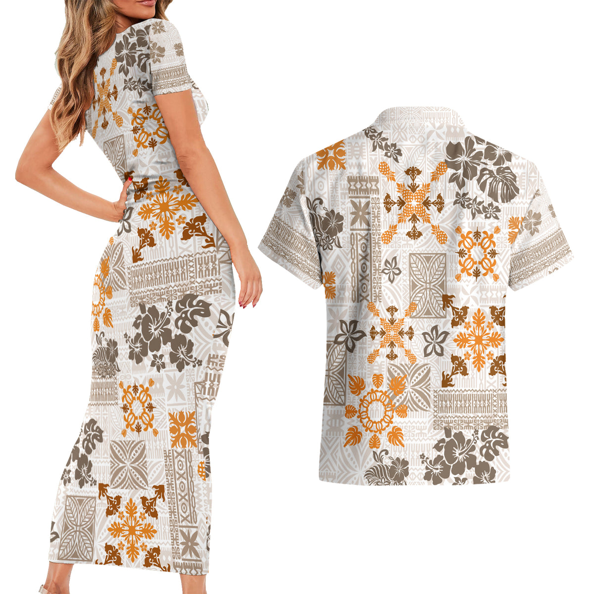 Hawaii Tapa Tribal Couples Matching Short Sleeve Bodycon Dress and Hawaiian Shirt With Hawaiian Quilt Pattern Gold LT9 - Wonder Print Shop