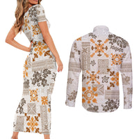 Hawaii Tapa Tribal Couples Matching Short Sleeve Bodycon Dress and Long Sleeve Button Shirt With Hawaiian Quilt Pattern Gold LT9 - Wonder Print Shop