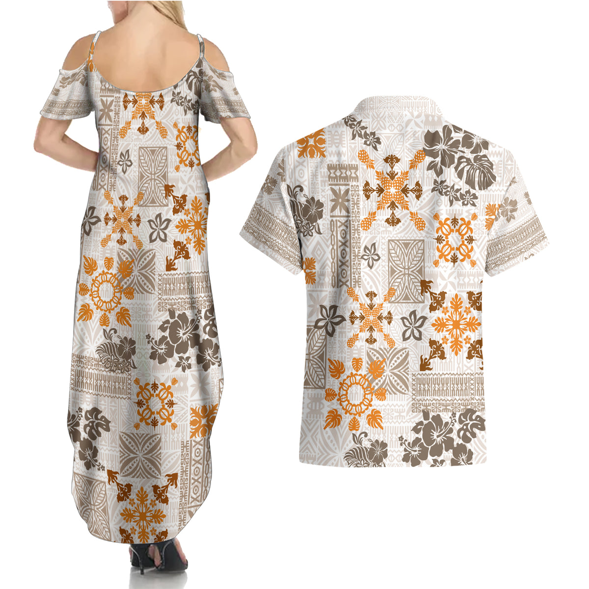 Hawaii Tapa Tribal Couples Matching Summer Maxi Dress and Hawaiian Shirt With Hawaiian Quilt Pattern Gold LT9 - Wonder Print Shop