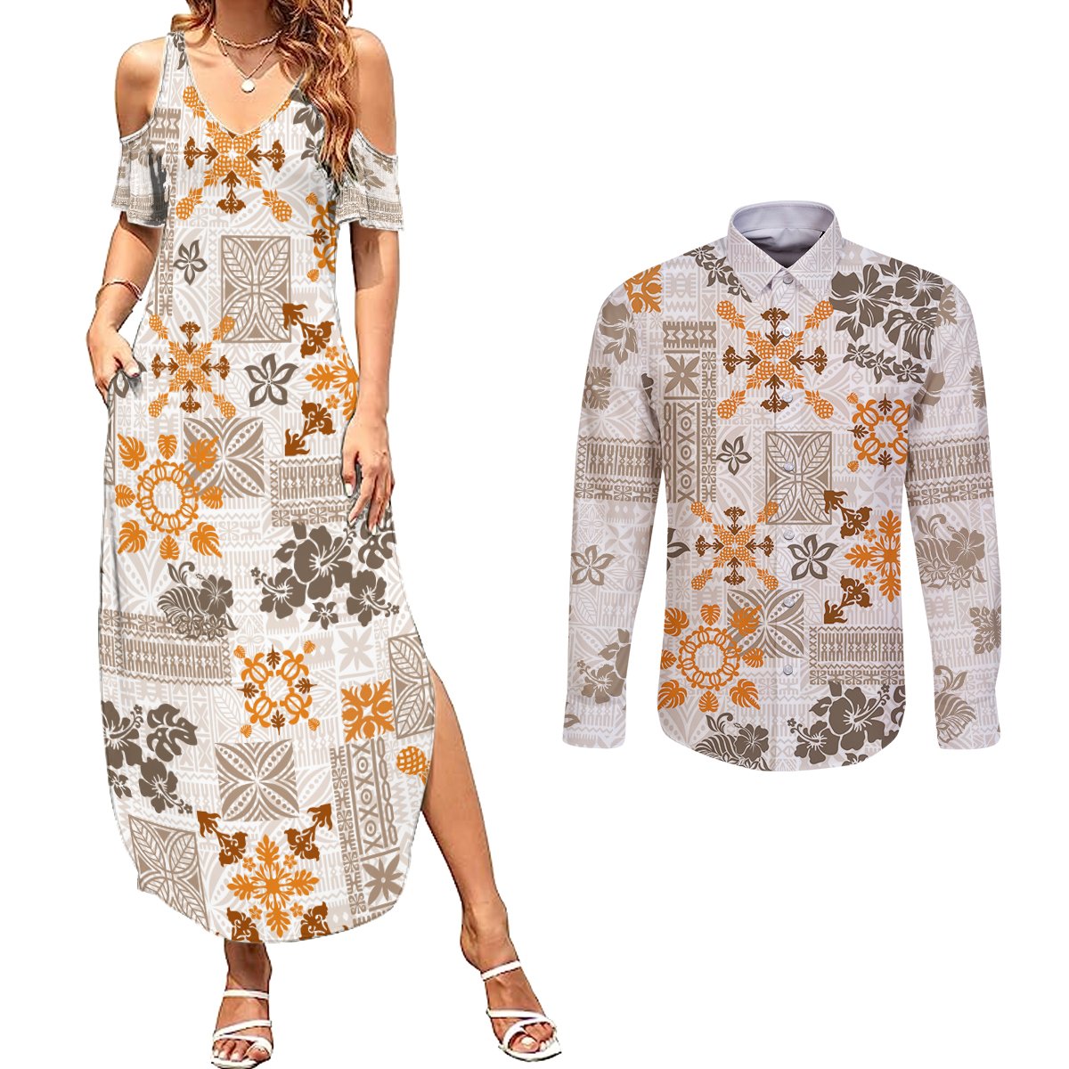 Hawaii Tapa Tribal Couples Matching Summer Maxi Dress and Long Sleeve Button Shirt With Hawaiian Quilt Pattern Gold LT9 - Wonder Print Shop