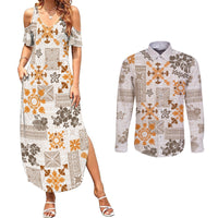Hawaii Tapa Tribal Couples Matching Summer Maxi Dress and Long Sleeve Button Shirt With Hawaiian Quilt Pattern Gold LT9 - Wonder Print Shop