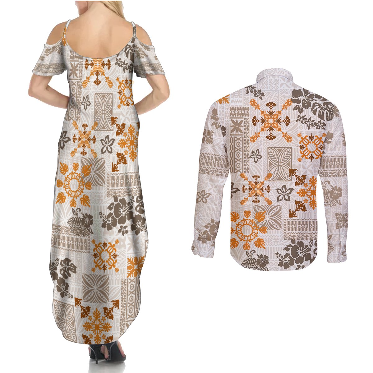 Hawaii Tapa Tribal Couples Matching Summer Maxi Dress and Long Sleeve Button Shirt With Hawaiian Quilt Pattern Gold LT9 - Wonder Print Shop